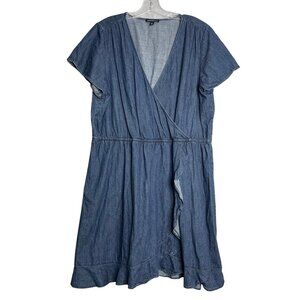 J. Crew Factory Chambray Ruffle Faux Wrap Dress Womens Plus Size XXL Blue Preppy